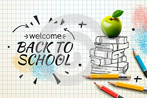 Welcome Back to School web banner, doodle on checkered paper background, vector illustration.