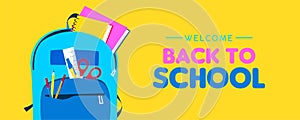 Welcome back to school web banner of kid backpack photo