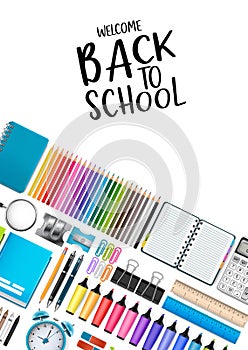 Welcome back to school white poster with bright colorful supplies for education. 3d realistic vector