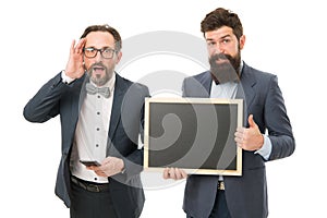 Welcome on board. bearded men hold advertisement blackboard. partners celebrate start up business isolated on white