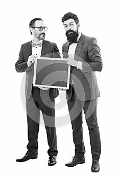 welcome on board. bearded men hold advertisement blackboard. partners celebrate start up business isolated on white