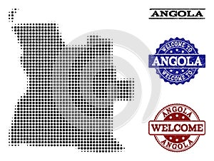 Welcome Collage of Halftone Map of Angola and Textured Stamps