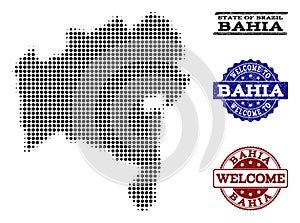 Welcome Collage of Halftone Map of Bahia State and Grunge Seals