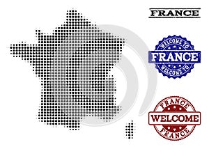 Welcome Collage of Halftone Map of France and Textured Seals