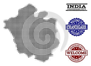 Welcome Composition of Halftone Map of Chandigarh City and Grunge Stamps