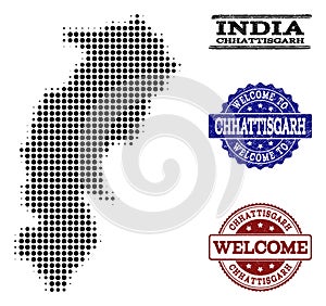 Welcome Composition of Halftone Map of Chhattisgarh State and Grunge Seals