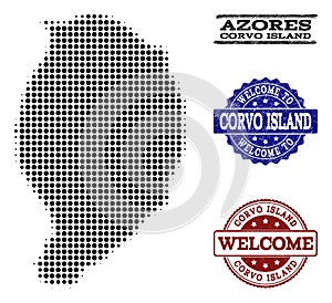 Welcome Composition of Halftone Map of Corvo Island and Distress Stamps