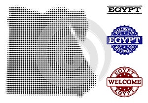 Welcome Composition of Halftone Map of Egypt and Textured Seals