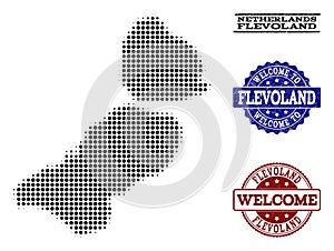 Welcome Composition of Halftone Map of Flevoland Province and Grunge Stamps
