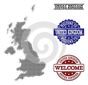 Welcome Composition of Halftone Map of United Kingdom and Distress Stamps