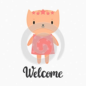 Welcome. Cute little kitty. Greeting card or postcard. Beautiful background for kids