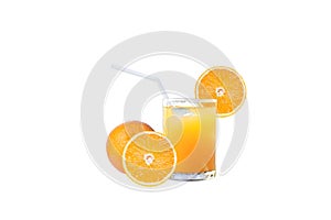 Welcome drink orange juice punch in glass and ripe oranges fruit isolated on white background.