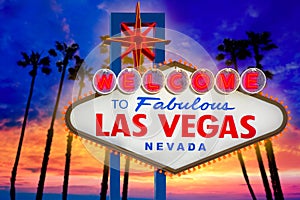 Welcome Fabulous Las Vegas sign sunset palm trees Nevada photo