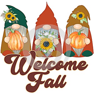 Welcome Fall Gnomes Illustration. Autumn sublimation design