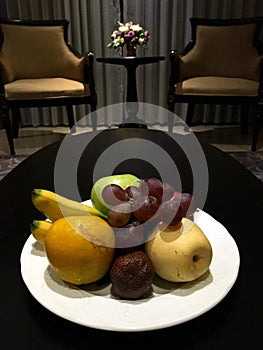 Welcome fruit platter in hotel suite