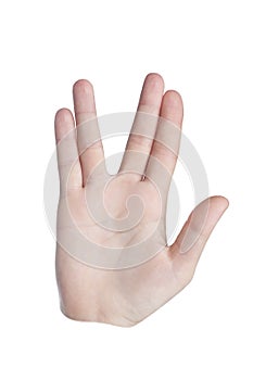 Welcome hand gesture Vulcan salute on white background