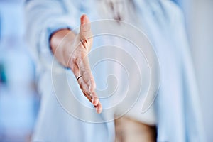 Welcome, hands and handshake closeup by hr woman in office for interview, business meeting or recruitment. Zoom, b2b and