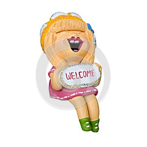 Welcome happy girl clay doll sitting isolated