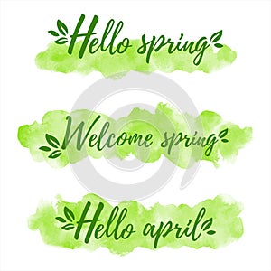 Welcome hello spring, green watercolor banner shapes