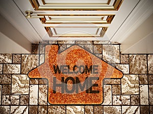 Welcome home doormat standing on the ground. 3D illustration