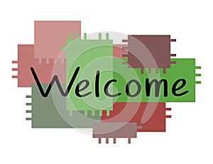 Welcome letters banner on brown, green, burgundy squares. Hand drawn. Banner, postcard, poster, stickers. Welcome Vector
