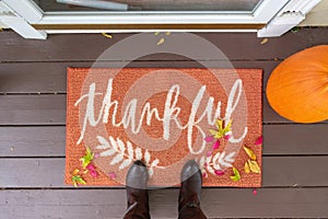 Welcome mat with the word thankful