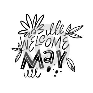 Welcome May in sleek black lettering, featuring a white background.