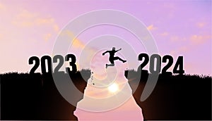 Welcome Merry Christmas and Happy New Year in 2024, Vector black silhouette man jumping from 2023 cliff to 2024 cliff with cloudy