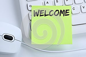 Welcome new employee colleague refugees refugee immigrants computer business concept mouse