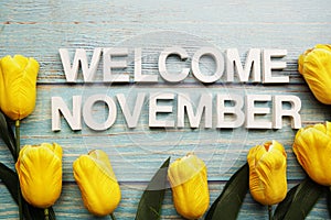 Welcome November alphabet letters with tulip flower on wooden background