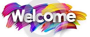 Welcome paper poster with colorful brush strokes.