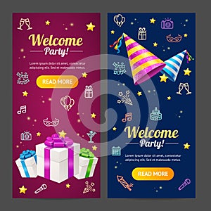 Welcome Party Template Card Vecrtical Set. Vector