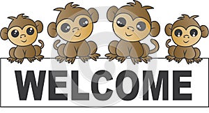 Welcome placard sign with cute monkeys