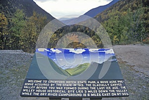 Welcome plaque at entrance of Crawford Notch State Park, NH on Route 112