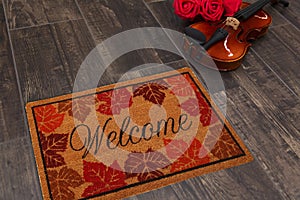 Welcome printed jute mapple leaves designer doormat with guitar and red roses