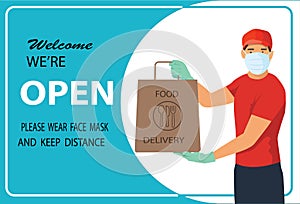 Welcome we`re open please wear face mask and keep distance. sign for restaurant, coffee shop, fast food, cafe, to prevent the