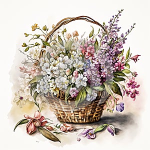 Welcome the Season of Renewal with a Basket Bouquet of Watercolor Flowers AI Generated