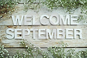 Welcome September alphabet letters on wooden background