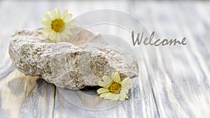 Welcome service card. Spa, hotel or gift background with stone and yellow daisy