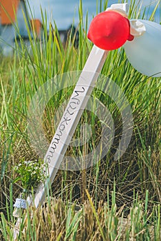 Welcome sign with ballons on sandy beach in Travemunde, Germany