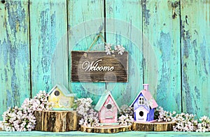 Welcome sign with birdhouses and flowers