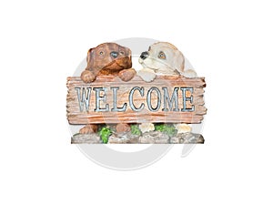 Welcome sign on the dog statue.isolated on white background