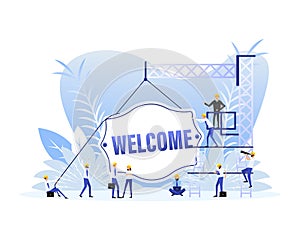 Welcome sign door, many people. Vector illustration