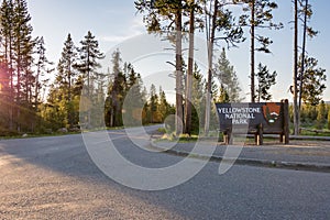 Welcome sign at the entrance to Yellowstone National Park, USA