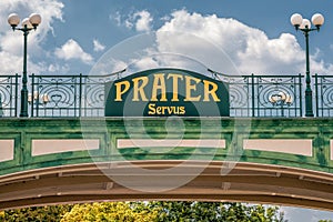 Welcome sign at the entry of the public Prater Park in Vienna