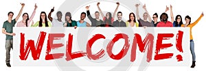 Welcome sign group of young multi ethnic people holding banner