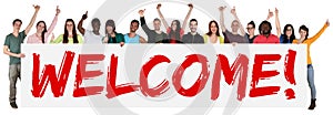 Welcome sign group of young multi ethnic people holding banner photo