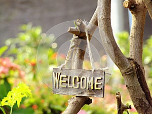 Welcome sign hanging in the garden