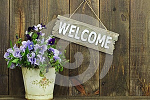 Welcome sign hanging by pot of purple flowers (pan