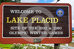 Welcome Sign in Lake Placid, the site of the 1932 and 1980 Olympic Winter Games in Adirondack Mountains, Upstate New York, USA